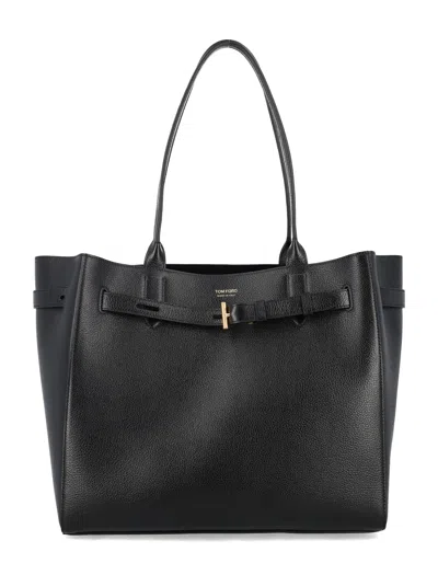 Tom Ford Mini T Medium Leather Tote Bag  In Black