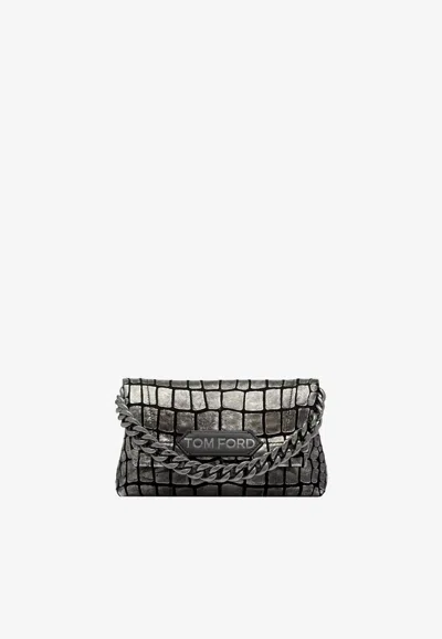 Tom Ford Mini Top Handle Bag In Metallic Croc Embossed Leather In Silver