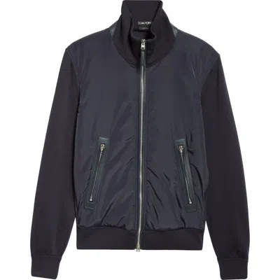 Tom Ford Mixed Media Zip Front Cardigan In Hb800 Blue