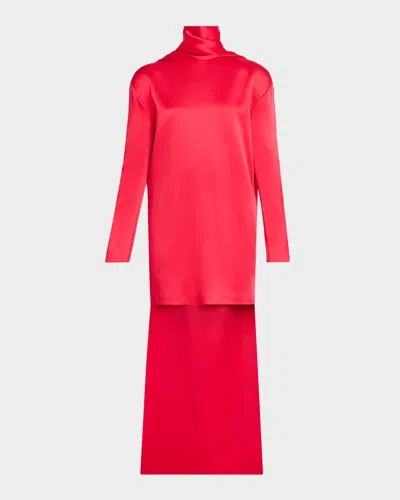 Tom Ford Mock-neck Scarf Crepe High-low Dress In Red