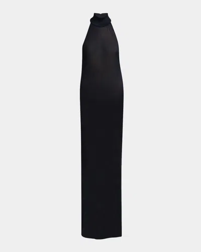 Tom Ford Mock-neck Sheer Knit Backless Gown In Navy