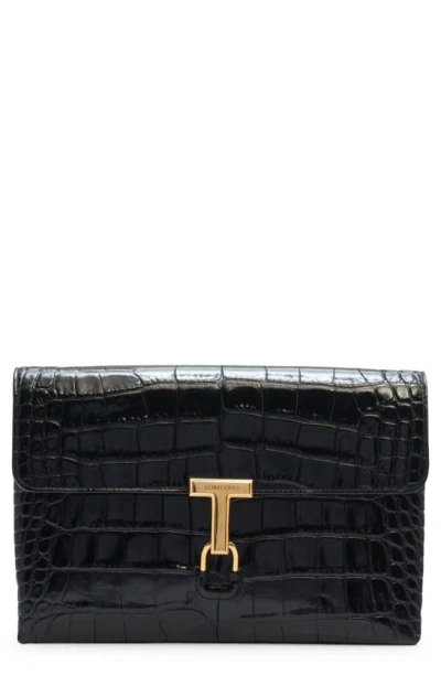 Tom Ford Monarch Medium Glossed Croc-effect Leather Shoulder Bag In Black