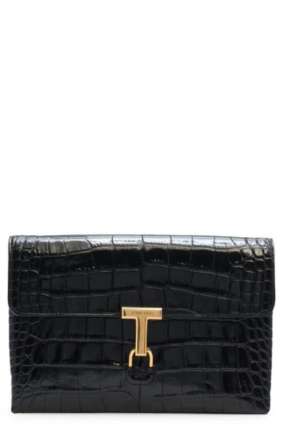 Tom Ford Monarch Medium Glossed Croc-effect Leather Shoulder Bag In Espresso