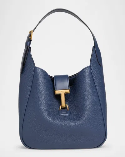 Tom Ford Monarch Small Hobo Bag In Grained Leather In Blue