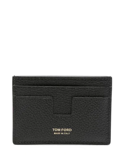 Tom Ford Black T Line Card-holder With Gold-colored Embossed Logo In Grainy Leather Man