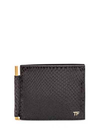 Tom Ford Black Printed Python Money Clip Wallet In Brown
