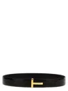 Tom Ford Black Calfskin Leather Belt With Gold T Buckle In Black