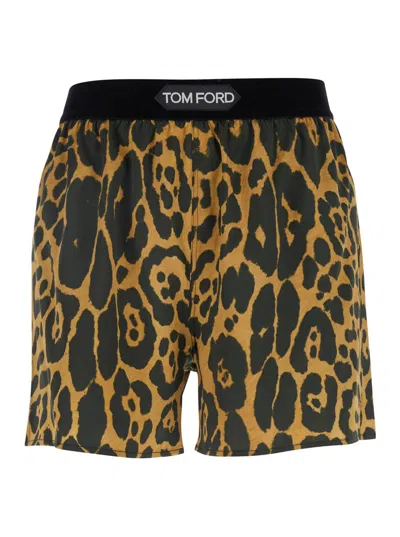 Tom Ford Multicolor Shorts With Patch Logo On The Waist And All-over Leopard Print In Silk Stretch Woman