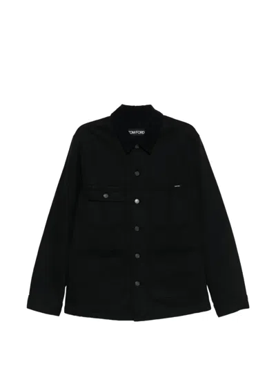 Tom Ford Collared Denim Jacket Chest And Front Pockets In Black