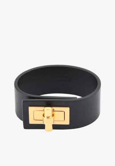 Tom Ford Narrow Turnlock Cuff In Leather In Black