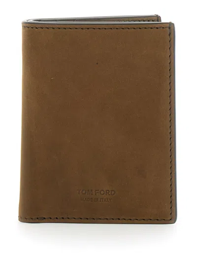 Tom Ford Natural Nubuck T Line Folding Card Holder W/cash Slot In Brown