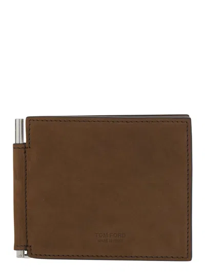 Tom Ford Natural Nubuck T Line Money Clip Wallet In Brown
