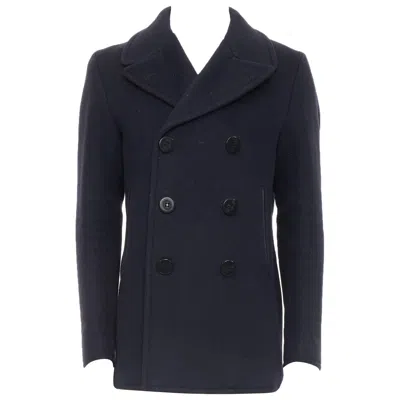 Pre-owned Tom Ford Navy 100% Wool Leather Trim Double Breasted Pea Coat It48 M In Blue