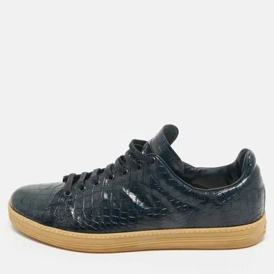 Pre-owned Tom Ford Navy Blue Croc Embossed Leather Lace Up Sneakers Size 46