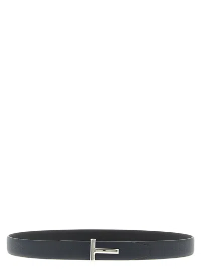 Tom Ford Navy Blue Hammered Reversible Textured Belt In Black