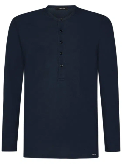 Tom Ford Henley-neck Long-sleeve T-shirt In Blue