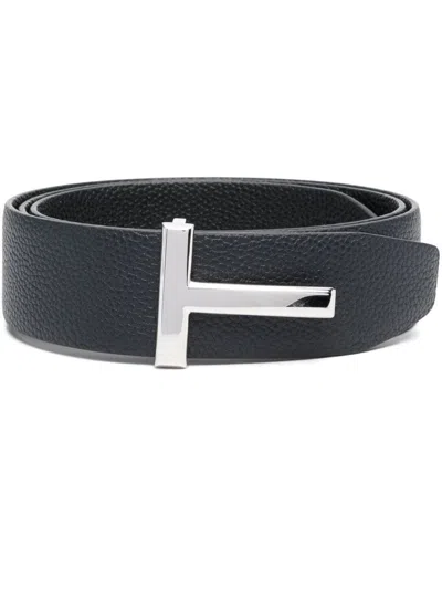 Tom Ford Textured Leather Belt With Distinctive Metallic Buckle In Blue