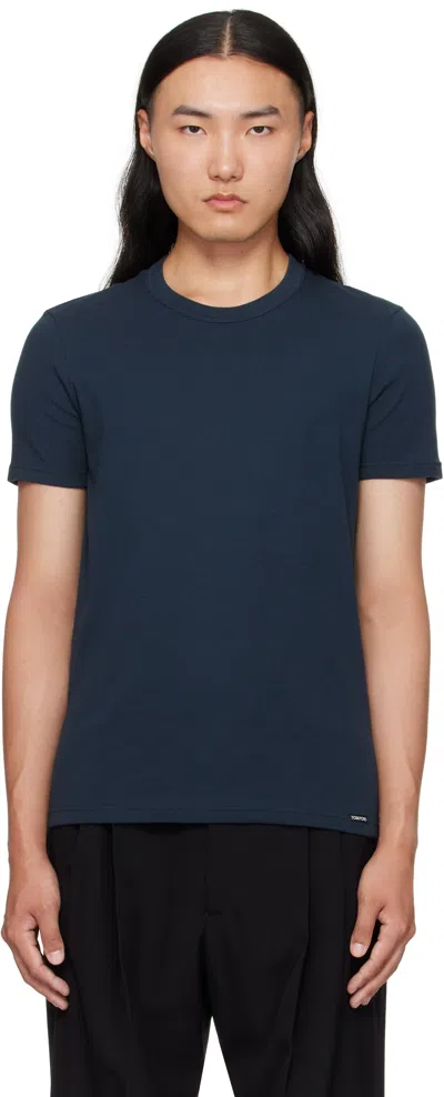 Tom Ford Navy Lyocell Cotton Crewneck T-shirt In Blue