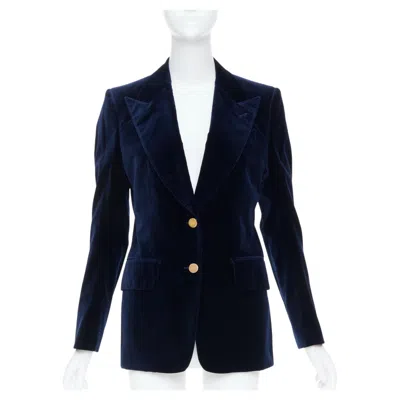 Pre-owned Tom Ford Navy Cotton Velvet Gold Button Wide Peak Lapel Blazer Jacket It38 Xs In Blue