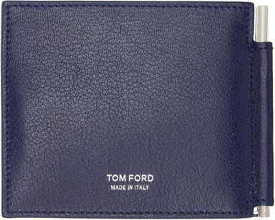 Tom Ford Navy Elongated T Line Money Clip Wallet In Blue