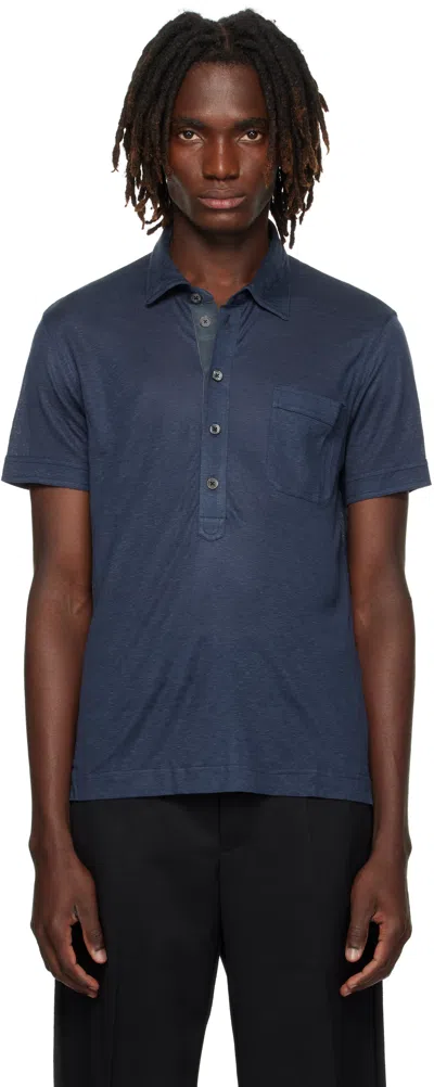 Tom Ford Navy Silk & Linen Polo In Blue