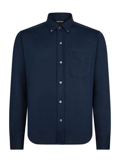 Tom Ford Navy Silk-cotton Blend Button-down Shirt In Blue