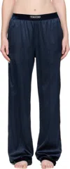 Tom Ford Navy Stretch Silk Satin Lounge Pants In Blue