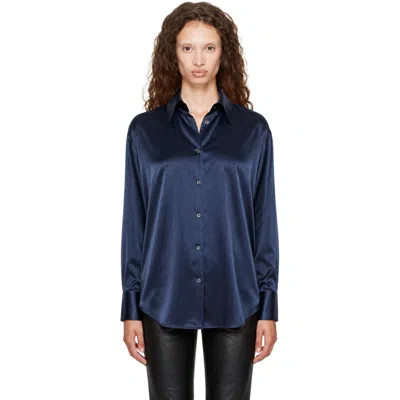 Tom Ford Navy Stretch Silk Satin Relaxed Fit Shirt In Blue