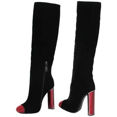 Pre-owned Tom Ford New  Bead-embellished Black Velvet Ruby Red Heel Boots It. 38 - Us 8