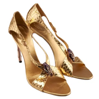 Pre-owned Tom Ford New  For Gucci S/s 2004 Gold Snake Jeweled Bamboo Heel Shoes Us 8.5 In Brown