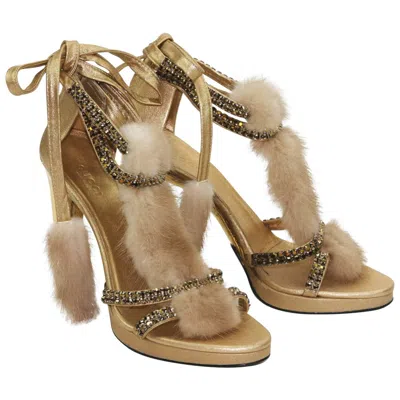 Pre-owned Tom Ford New  For Gucci Swarovski Crystals Snakeskin Mink Fur Sandals Gold Us 7.5 In Brown