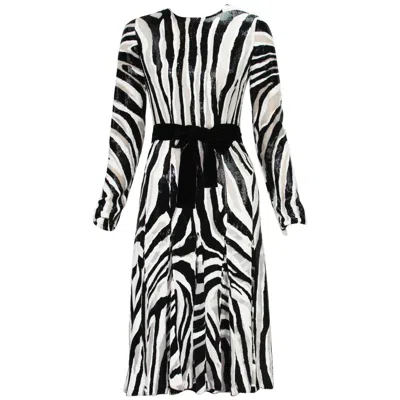 Pre-owned Tom Ford New  Fur-like Zebra Print Semi-sheer Belted Shimmer Pleated Dress It 38 In Black