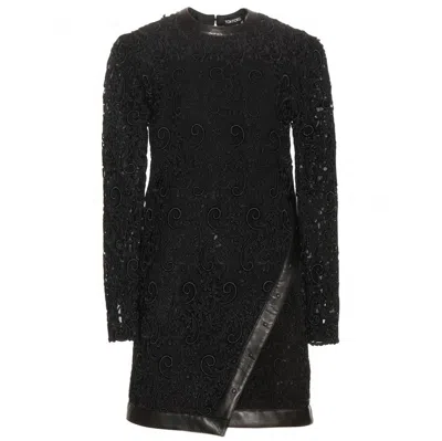 Pre-owned Tom Ford New  Leather-trimmed Guipure Lace Mini Black Dress 36 - Us 6