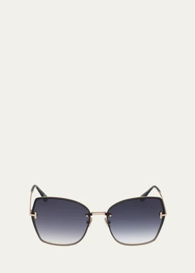 Tom Ford Nickie Metal Butterfly Sunglasses In Rose Gold/t Logo/smoke