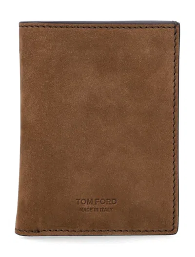 Tom Ford Nubuck Leather Folding Compact Card Holder In Brown