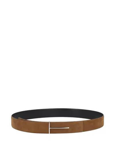Tom Ford Nubuck Slim T Reversible Belt In Brown