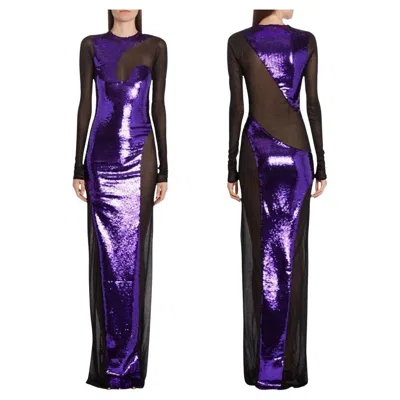 Pre-owned Tom Ford Nwt  S/s 2023 Amethyst Liquid Sequins Black Mesh Sexy Evening Dress 40 In Purple