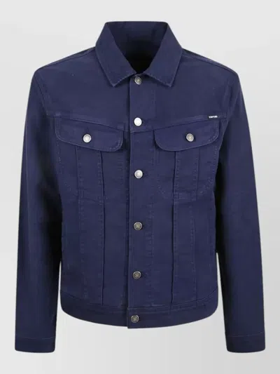 Tom Ford Nylon Silk Collared Jacket Chest Pockets In Blue