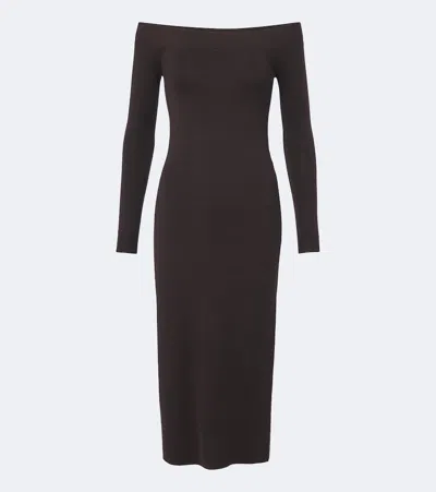 Tom Ford Off-shoulder Wool And Silk Midi Dress In Brown