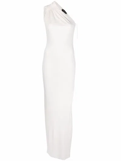 Tom Ford Viscose Jersey One-shoulder Ruched-sleeve Maxi Dress In Chalk