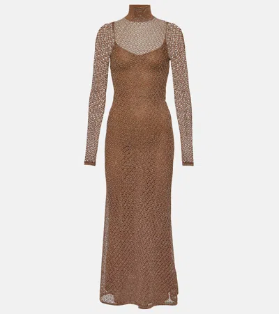 Tom Ford Long Sleeve Metallic Lace Turtleneck Maxi Dress In Brown