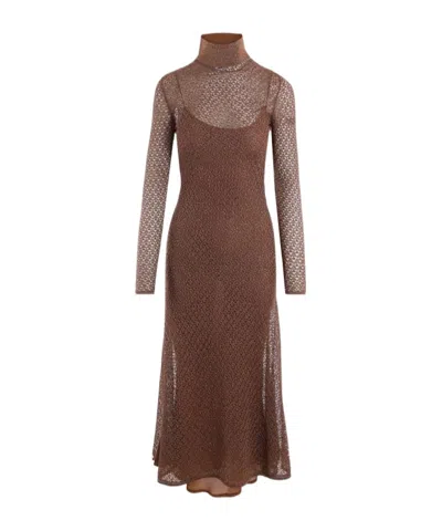 Tom Ford Long Sleeve Metallic Lace Turtleneck Maxi Dress In Brown
