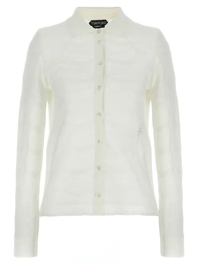 Tom Ford Openwork Silk-cotton Cardigan With Button Closure In White