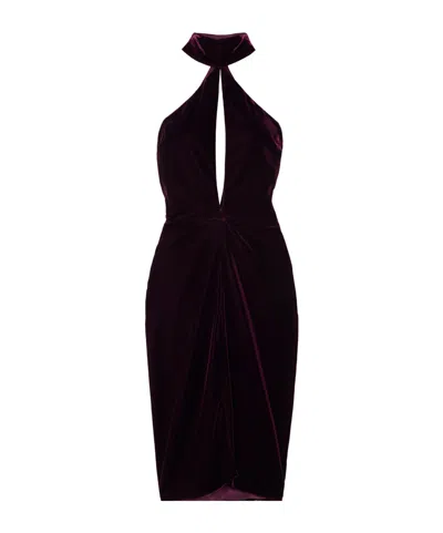 Tom Ford Cutout Draped Velvet Halterneck Midi Dress In Burgundy