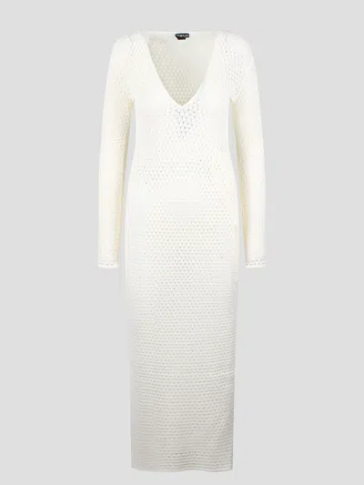 Tom Ford Openwork Stretch Viscose Knit V-neck Maxi Dress In White