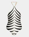 Tom Ford Optical Scaloppe-print Halterneck One-piece Swimsuit With Chain In Black/whit