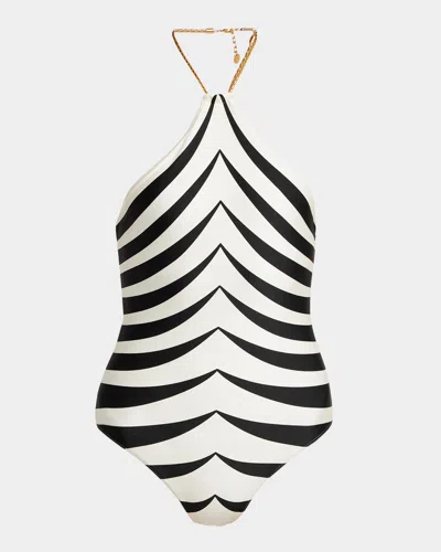 TOM FORD OPTICAL SCALOPPE-PRINT HALTERNECK ONE-PIECE SWIMSUIT WITH CHAIN