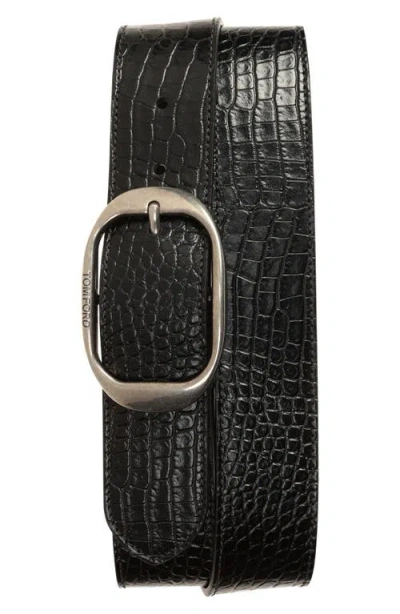 Tom Ford Oval Buckle Alligator Embossed Leather Belt In Black