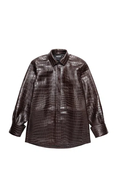 Tom Ford Oversized Crocodile Printed Leather Jacket In Brown