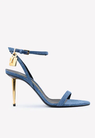 Tom Ford Padlock 85 Naked Pointy Denim Sandals In Blue